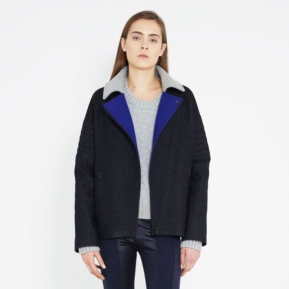 Wool Moto-style jacket with blue collar - Picture 1 of 6